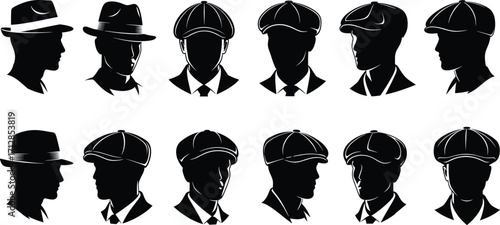 Vintage men silhouettes with hats, gangster style profiles, retro fashion illustration set, classic male portrait vector