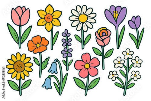 Spring flower vector set. Cartoon floral icon collection. Cute doodle botanical elements. Tulip, daisy, sunflower line art illustration. Garden nature clip art collection.