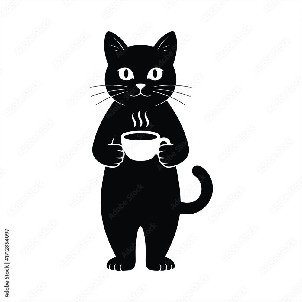 Fototapeta premium Cat Holding Coffee Cup Silhouette. cat silhouette vector illustration.