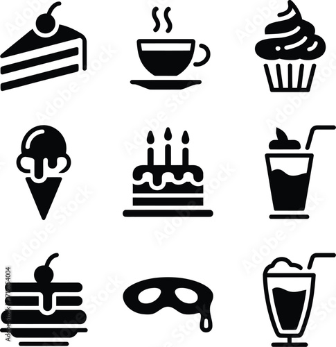A collection of black silhouette icons featuring desserts drinks and a masquerade mask in a grid layout