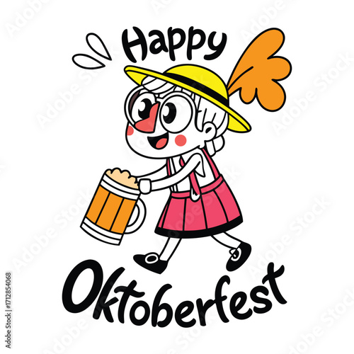 Happy cartoon girl in traditional German dress holding a beer mug at Oktoberfest