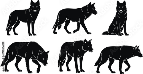 Wild wolf animal set, black silhouette forest predator icons, dangerous hunting wildlife drawings, strong wolves vector illustration