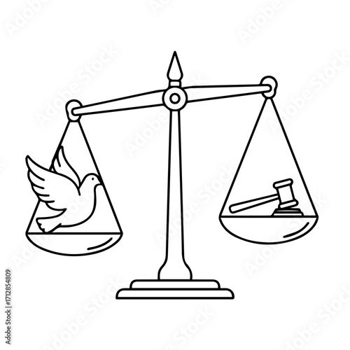 Symbolic Black and White Justice Scale with Dove and Gavel Illustration.