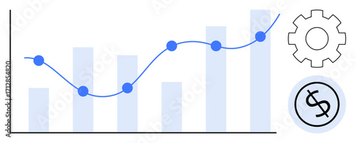 Bar graph, line chart, gear, and dollar icon represent analytics, growth, profitability, success, and financial strategy. Ideal for business finance marketing productivity planning innovation
