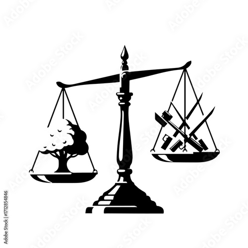 Symbolic Black and White Scales of Justice Balancing Nature and Weapons.