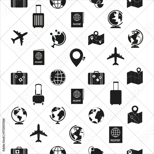 Seamless black and white travel pattern featuring airplanes, suitcases, passports, and globes for global adventures