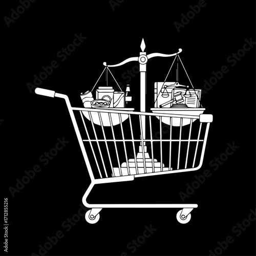 Symbolic Shopping Cart with Scales of Justice Representing Legal Purchases.