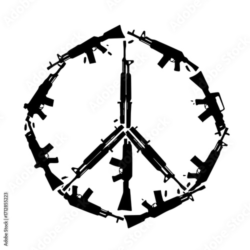Symbolic Peace Sign Constructed from Silhouetted Assault Rifles in Black.