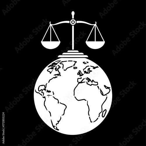 Symbolic White Scales of Justice Balanced Above World Globe Outline.