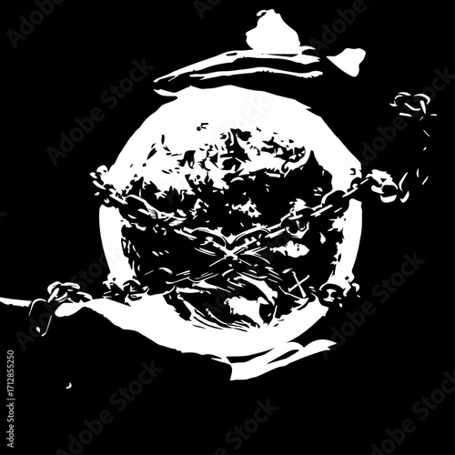Symbolic White Sphere Encircled by Chains Abstract Concept of Confinement.