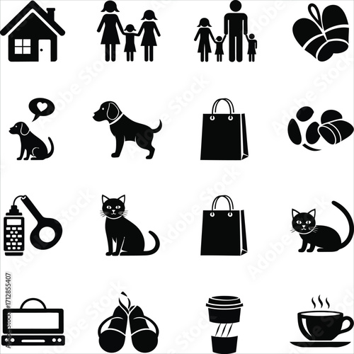 Collection of Vector Icons Family, Pets, Shopping, Food & Drinks, & Home in Modern Black and White Style