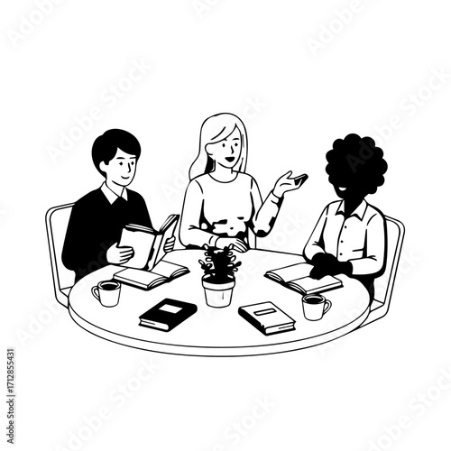 Three Diverse Individuals Engaged in a Collaborative Discussion Around a Table.