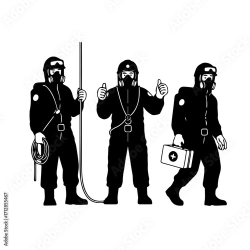 Three Hazmat Suit Figures in Black Posing with Equipment and Gestures.