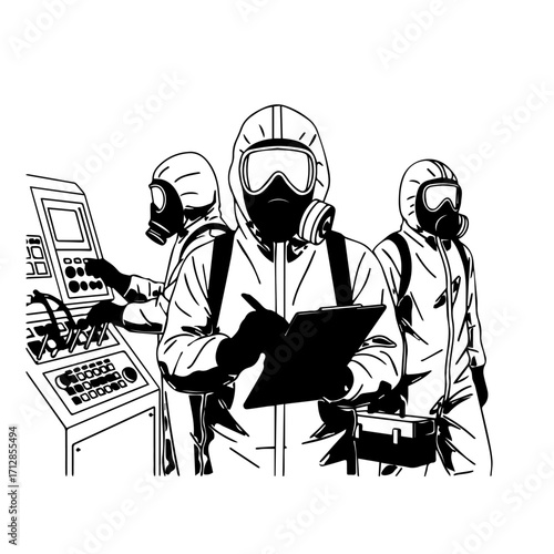 Three Hazmat SuitWearing Personnel Inspecting Equipment and Taking Notes in Monochrome.