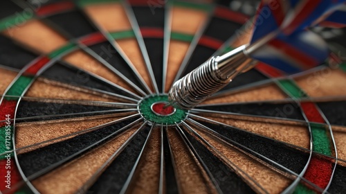 dart hitting the bullseye on a dartboard