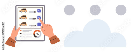 Hands holding checklist with vehicle icons, task completion ticks, and data visualization chart. Ideal for task management, cloud integration, car selection, data monitoring, business analytics