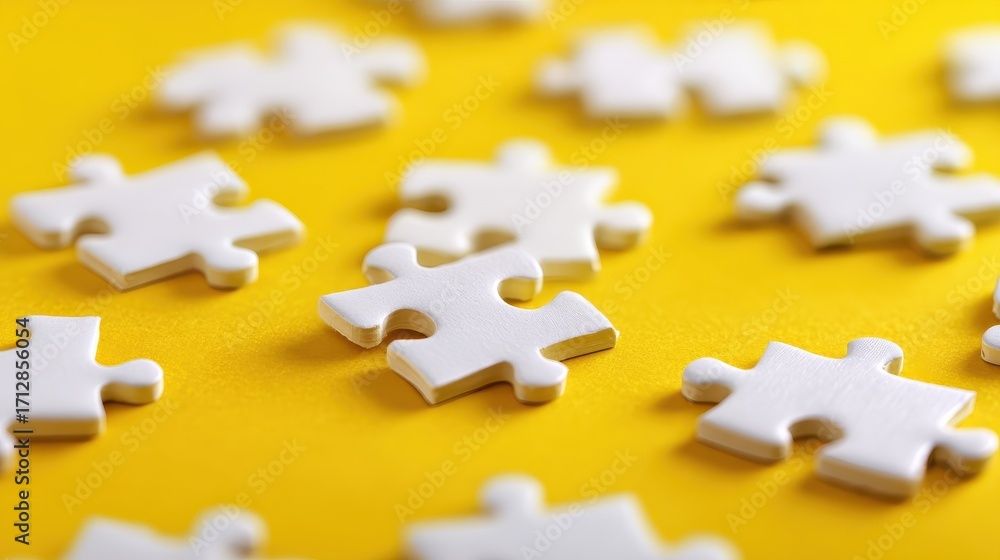 Fototapeta premium white puzzle pieces on yellow background teamwork collaboration solution strategy success connection problem solving jigsaw puzzle pieces business concept
