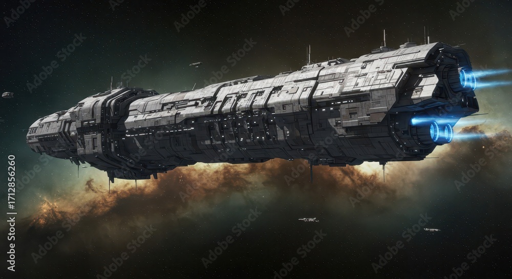 Obraz premium A massive, futuristic spacecraft soars through a swirling nebula, its complex structure and powerful engines illuminating the dark cosmos.