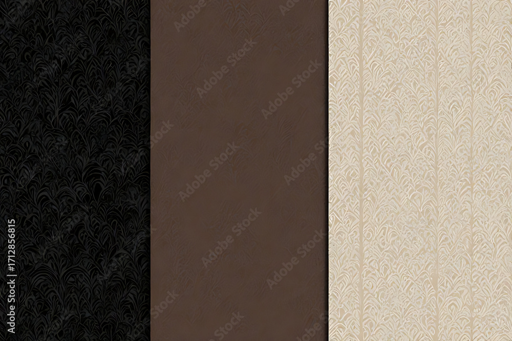 Fototapeta premium Three Vertical Panels: Black Damask Pattern, Solid Brown Texture, and Beige Floral Pattern graphic