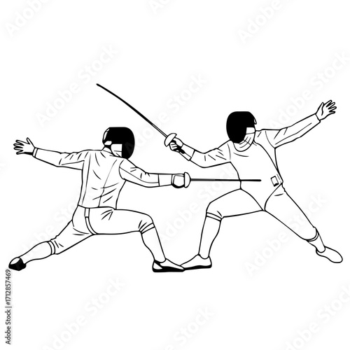 Two Fencers in Action Engaging in a Competitive Fencing Duel with Foils.