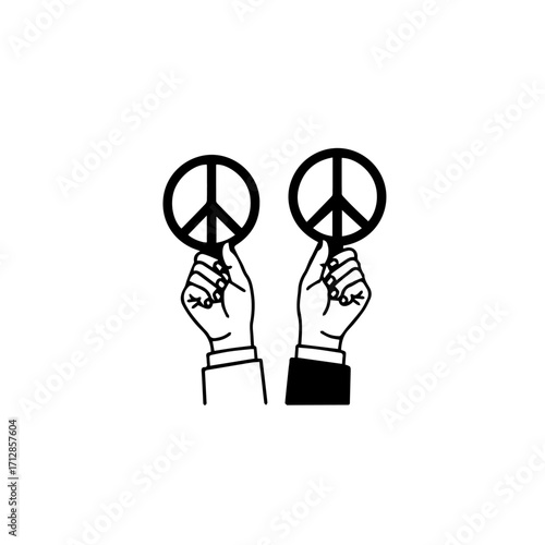 Two Hands Holding Peace Symbols Black and White Illustration Solidarity Concept.