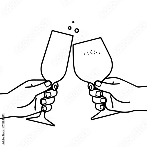 Two Outlined Hands Clinking Wine Glasses with Bubbles Celebration Concept.