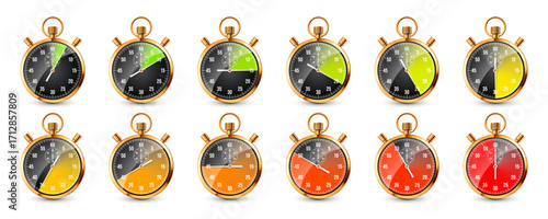 Realistic classic stopwatch. Shiny golden metal chronometer, time counter with dial. Colorful countdown timer showing minutes, seconds. Time measurement for sport, start, finish. Vector illustration