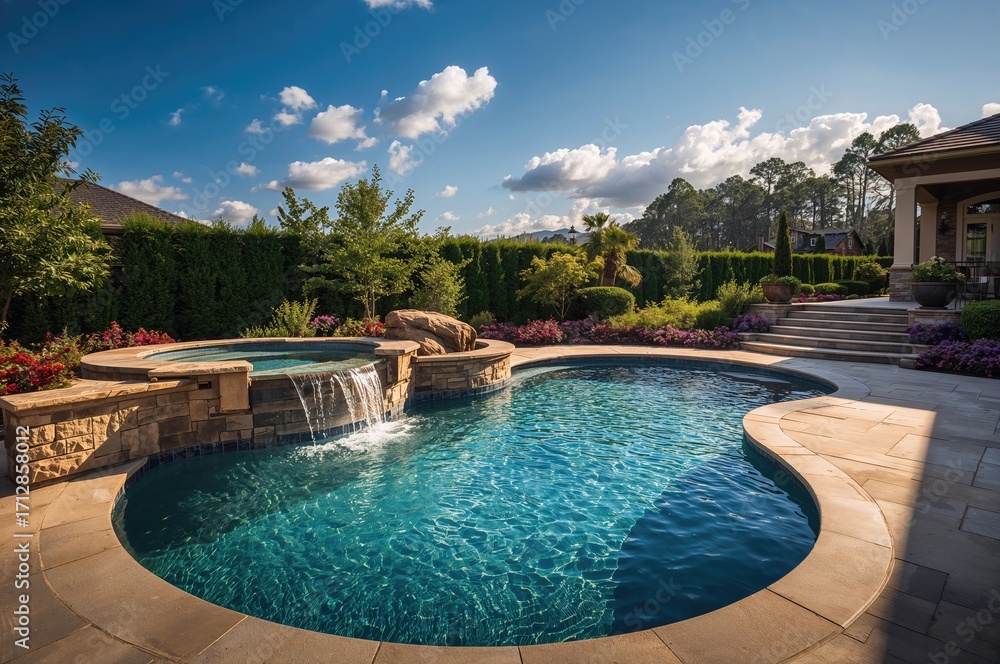custom made wallpaper toronto digitalBackyard with a built-in swimming pool featuring a waterfall and spa tub