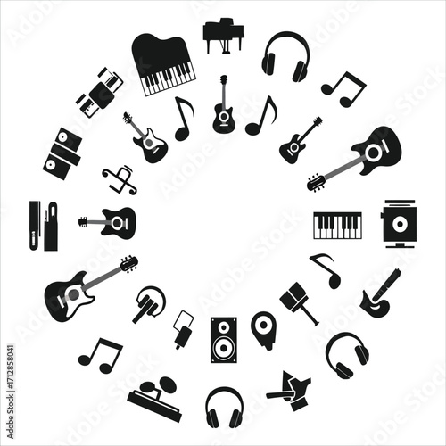 Musical Instruments Icons of Sound and Rhythm in Simple Black and White