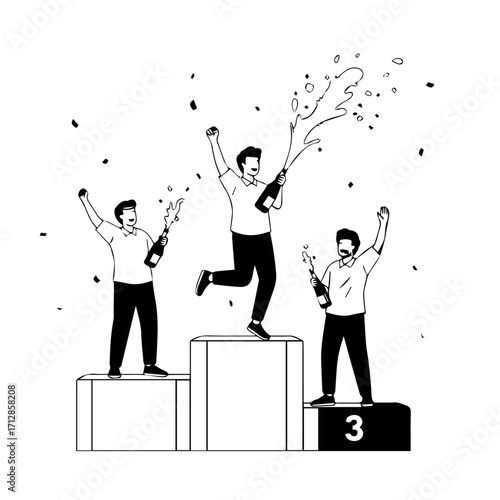 Vector Illustration of Three Men Celebrating Victory with Champagne Bottles on Podium.
