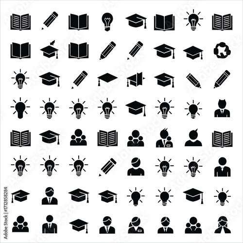 Education and Learning Icons Set Featuring Books, Light Bulbs, Graduates, and People