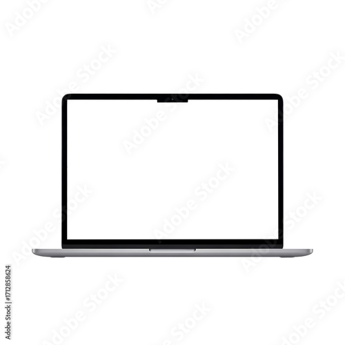 Modern laptop displaying abstract blue and white waves isolated on transparent background