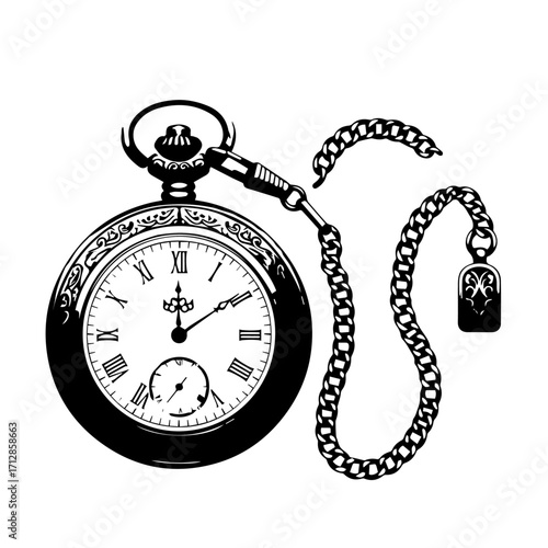 Vintage pocket watch with Roman numerals and detached chain detailed black and white illustration.