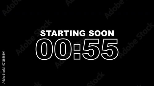 Starting soon screen with a countdown timer one minute. Ideal for live event streams, webinar introductions, or online class openings. 4k
