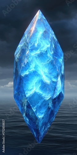 A brilliant, multifaceted, azure crystal floats above a dark sea, illuminating the scene with an ethereal glow.