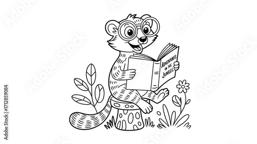 Charming Meerkat Character Reading a Book: 'Adventures in the Jungle' – Black and White Outline Illustration Perfect for Coloring Books and Educational Materials