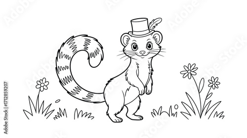 Charming Stoat Illustration: Whimsical Outlined Cartoon of a Stoat with Hat, Flowers, and Grass, Perfect for Coloring Books and Creative Designs