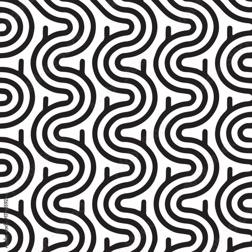 Abstract black and white wavy lines forming a repeating geometric pattern with a retro or op art feel and a textured background