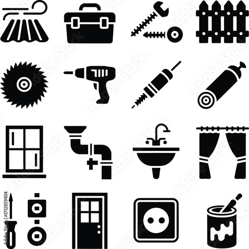 A collection of black and white icons depicting tools and home improvement related objects on white