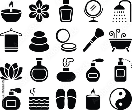 Collection of spa and wellness icons including candles stones and bath products in a grid format