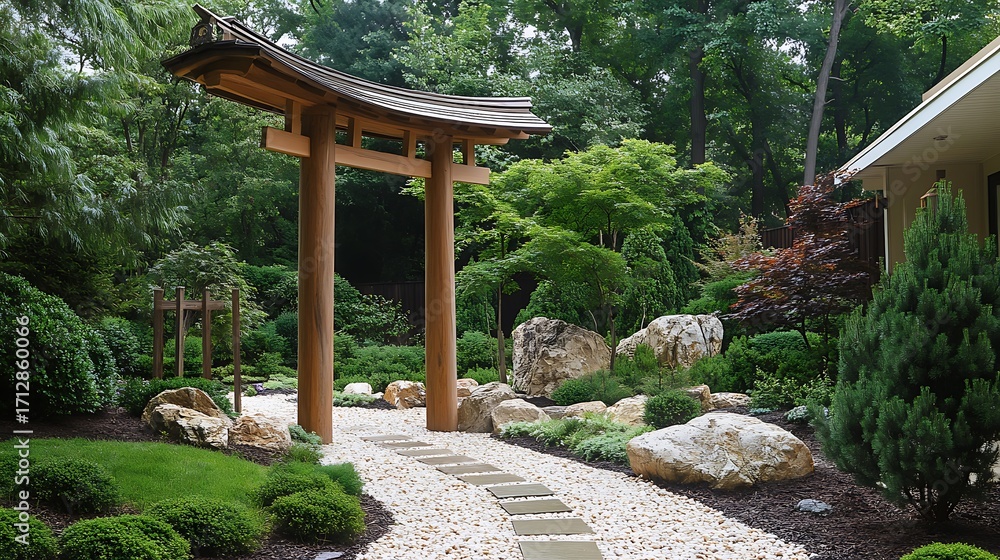 Obraz premium Tranquil japanese garden entrance with stone path and wooden torii gate
