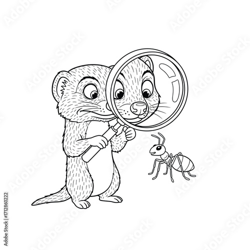 Cartoon Weasel Inspecting an Ant with a Magnifying Glass: Funny Animal Illustration for Coloring Pages, Kids Books, and Educational Resources About Animals