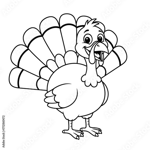 Joyful cartoon turkey bird outline drawing for a Thanksgiving holiday coloring page activity