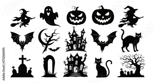 Collection of black Halloween cartoon silhouettes featuring witches, pumpkins, and ghosts