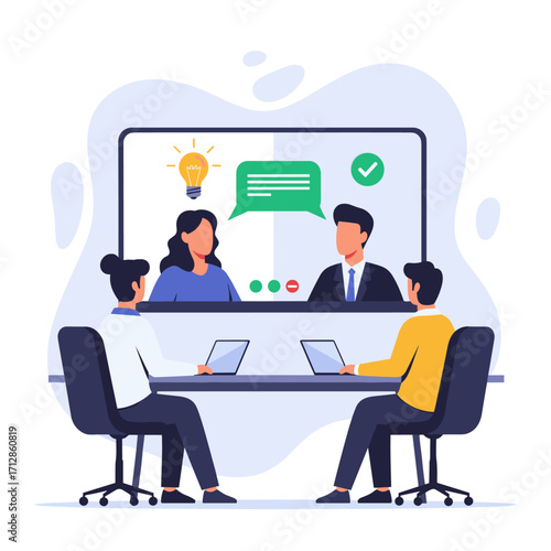 Business meeting with remote participants via video conference.