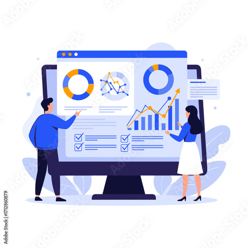 Business analytics and data visualization on computer screen with people.