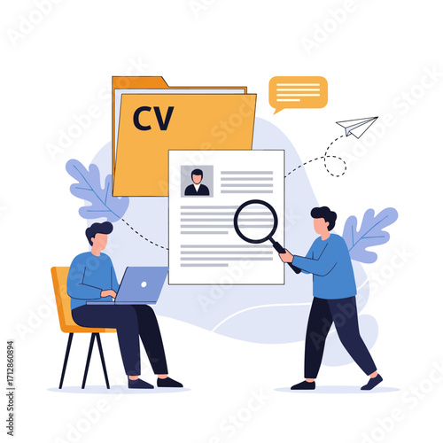 Two people reviewing a CV document with a magnifying glass and laptop.