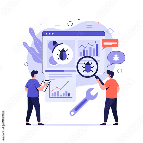 Software debugging and bug fixing process illustration.