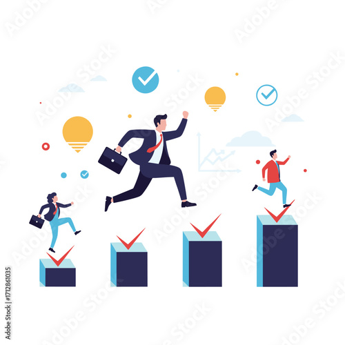 Businessmen jumping over obstacles on graph bars representing success.