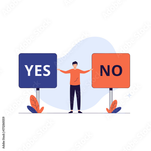 Man Standing Between Yes and No Signs Making a Decision.